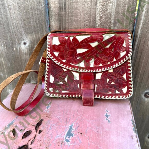 Vintage Mexican Red & White Leather Shoulder Bag Purse - Picture 6 of 14